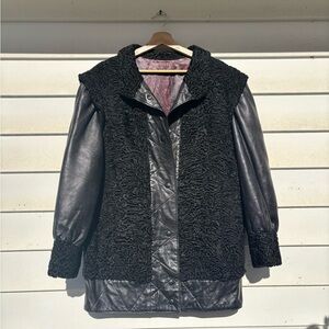 Vintage Black Astrakhan Leather Coat – Quilted Leather & Curly Lamb Trim